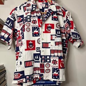 Vintage 1960s Mansfield US Navy Print Short Sleeve Collared Button Up Size M